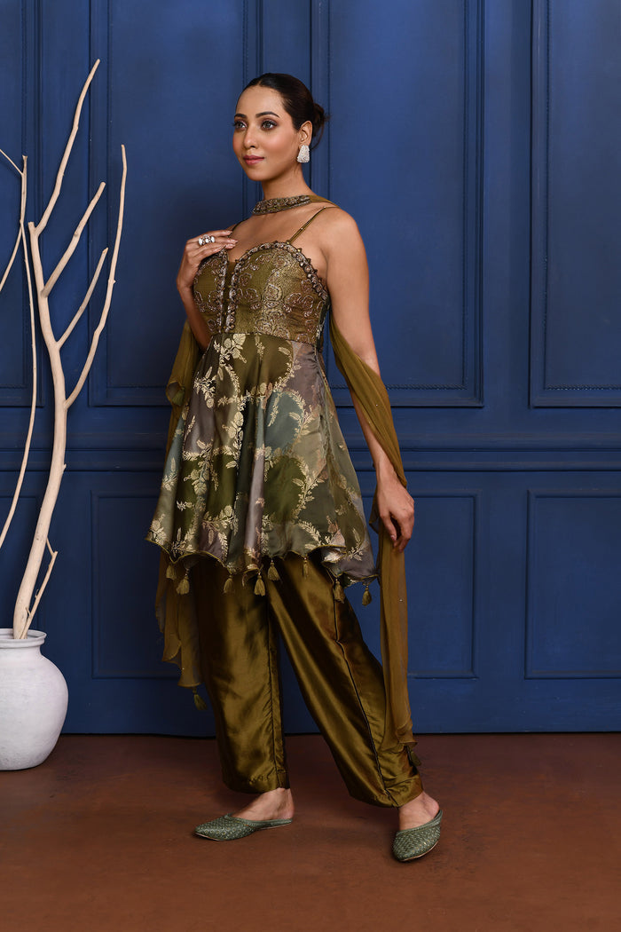 Dark Earthy Green Satin Peplum Set