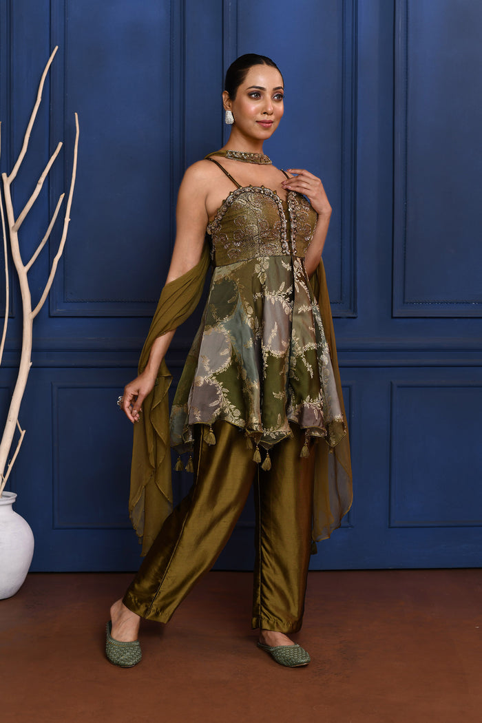 Dark Earthy Green Satin Peplum Set