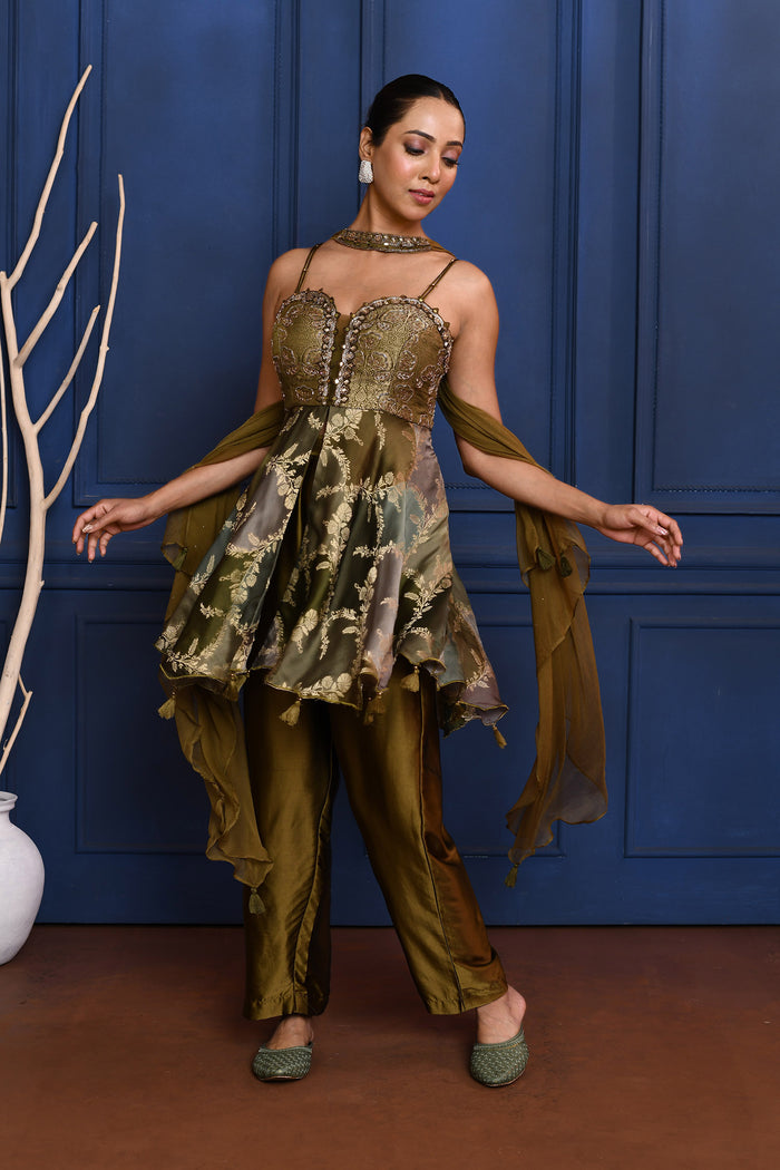 Dark Earthy Green Satin Peplum Set