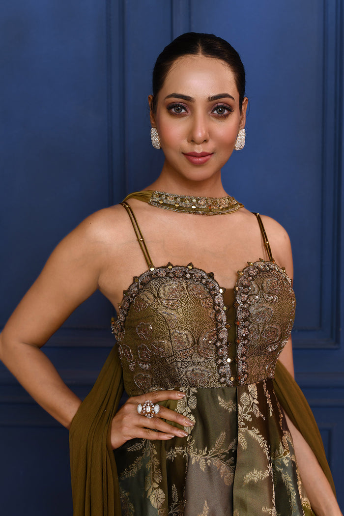 Dark Earthy Green Satin Peplum Set