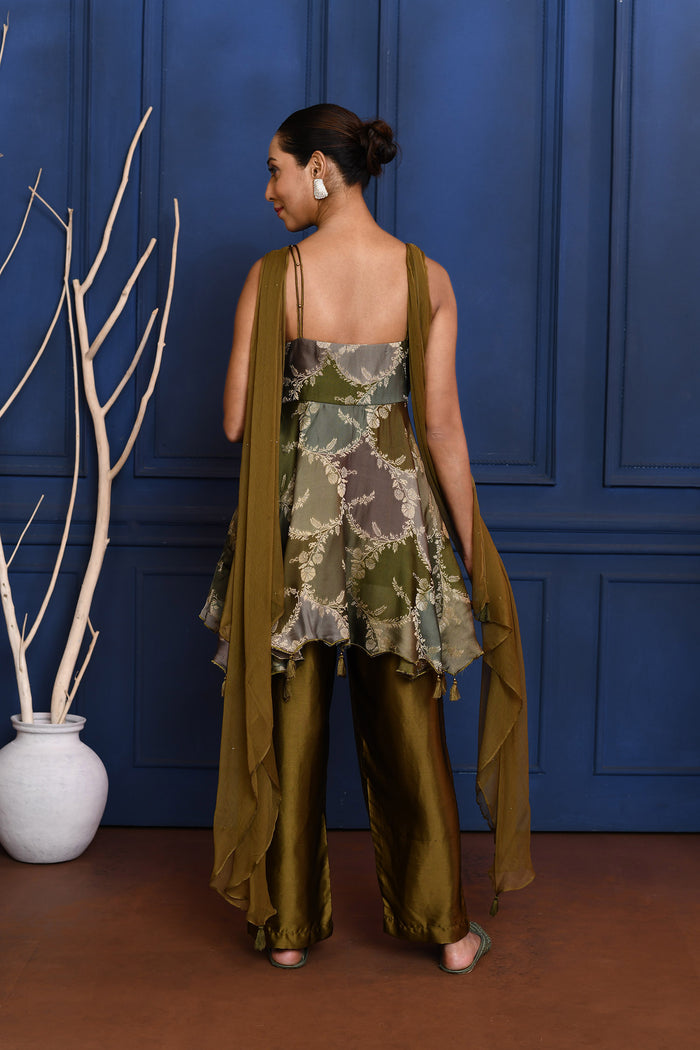 Dark Earthy Green Satin Peplum Set