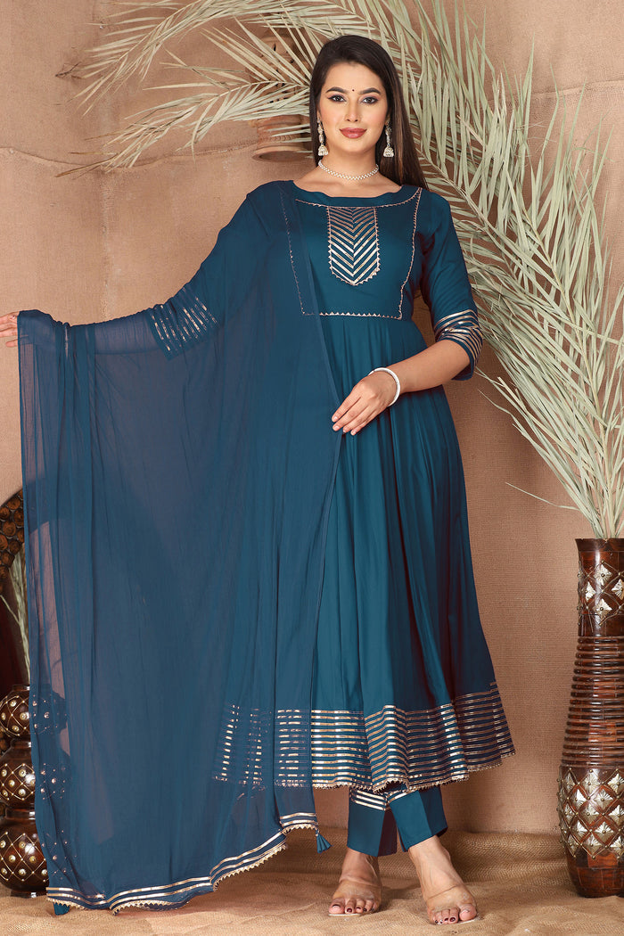 Dark Gray Blue Rayon Gota Work Anarkali Set
