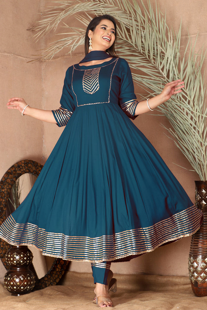 Dark Gray Blue Rayon Gota Work Anarkali Set