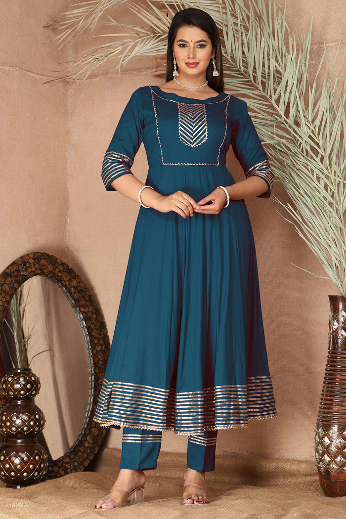 Dark Gray Blue Rayon Gota Work Anarkali Set