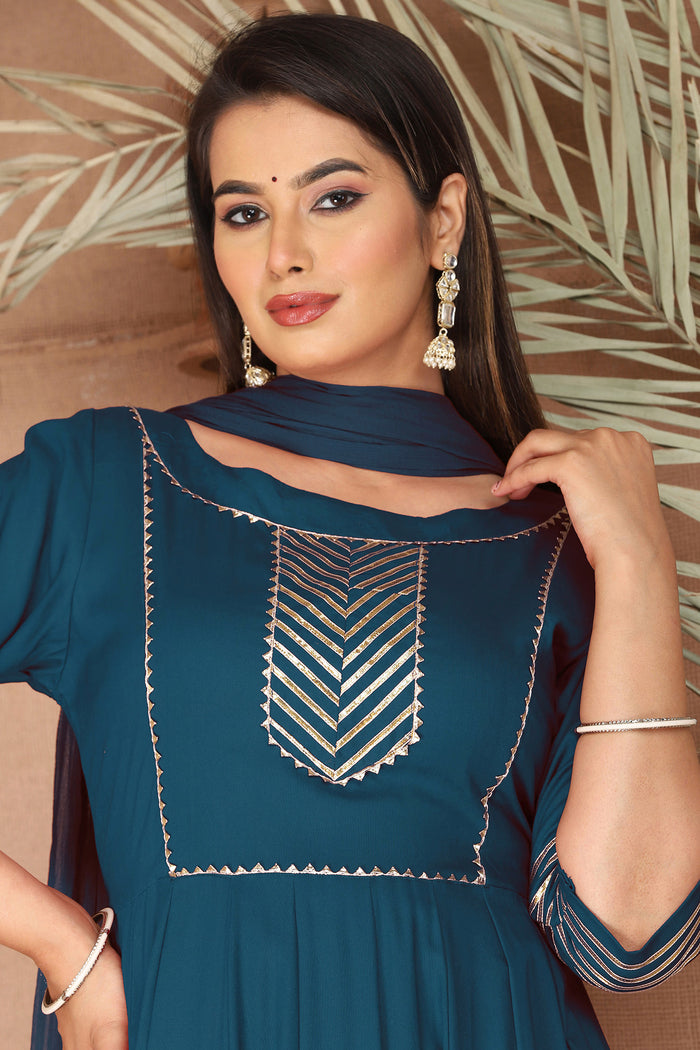 Dark Gray Blue Rayon Gota Work Anarkali Set