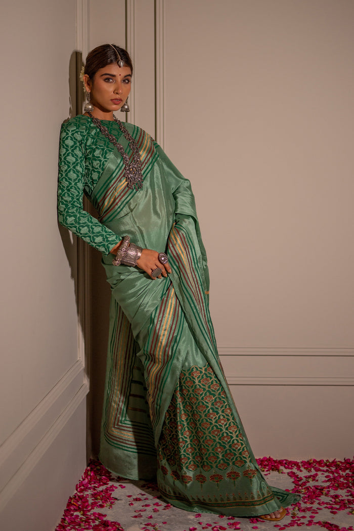 Dark Green Block Printed Chinon Saree