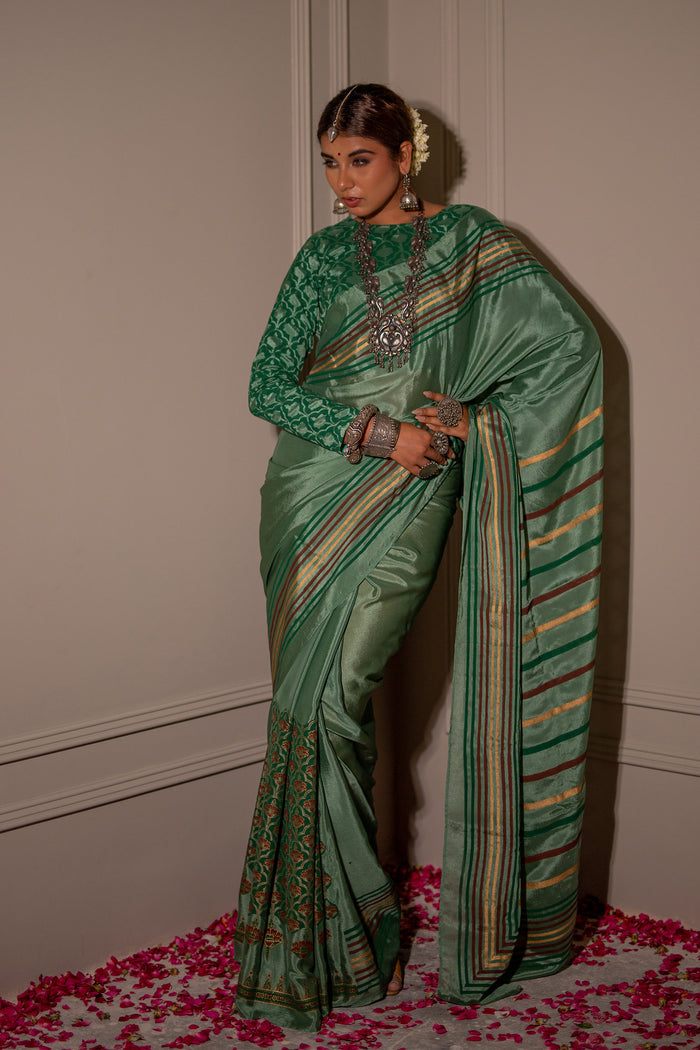 Dark Green Block Printed Chinon Saree
