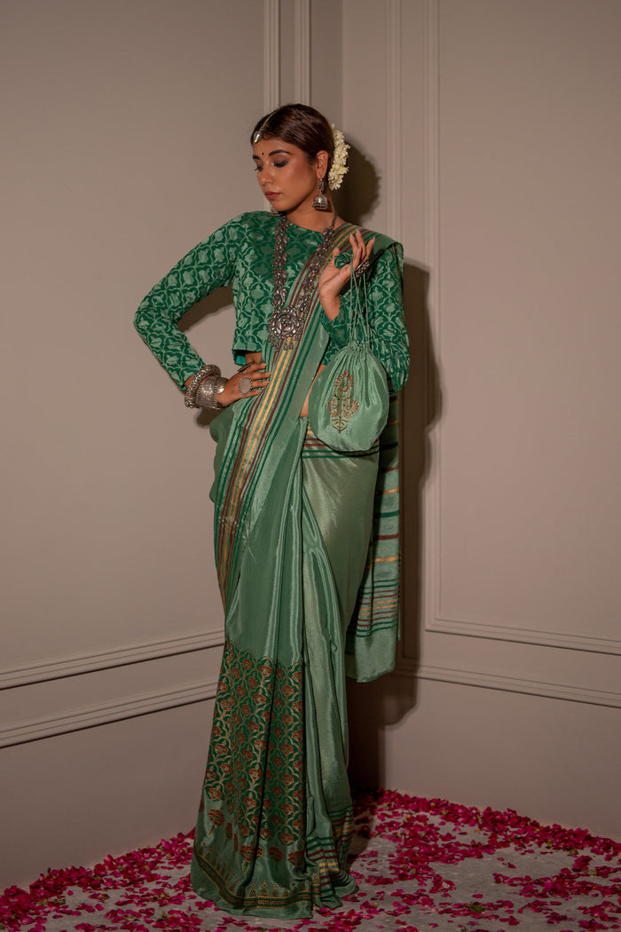 Dark Green Block Printed Chinon Saree