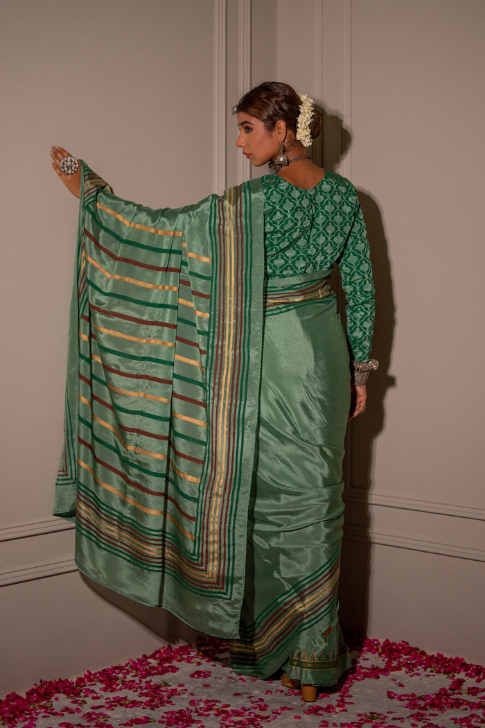 Dark Green Block Printed Chinon Saree