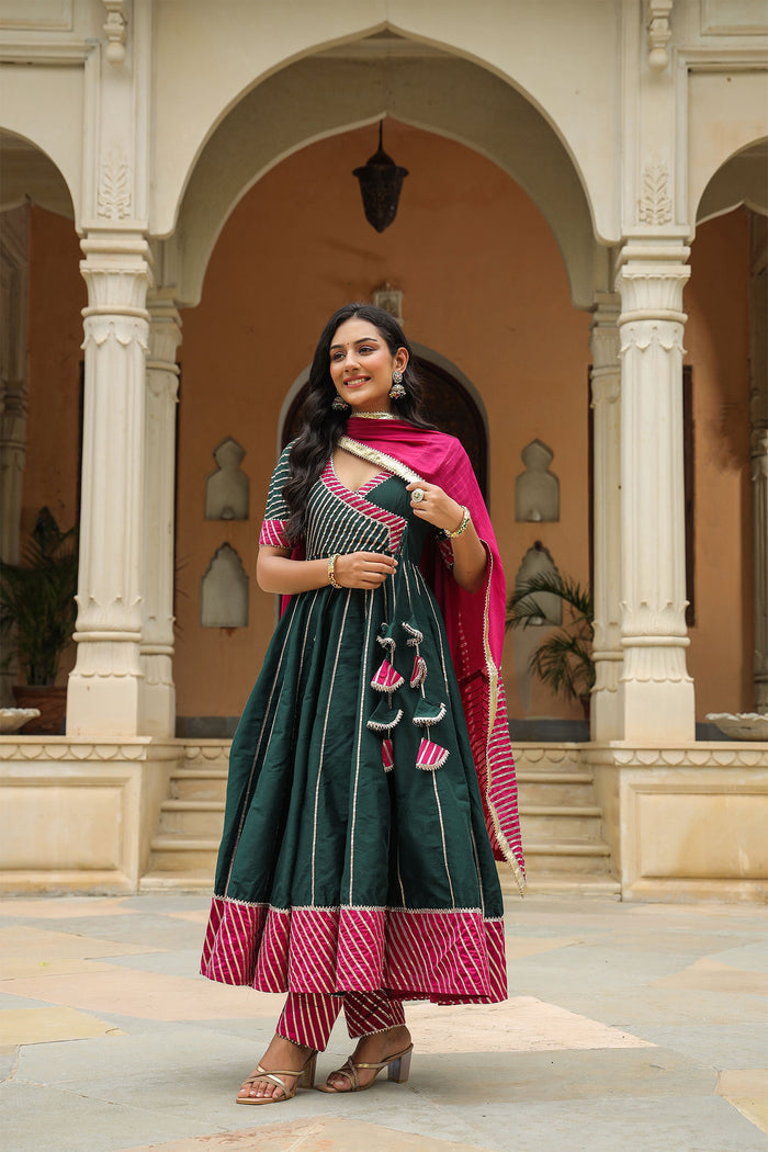 <img> Dark Green Cotton Silk Gotta Work Anarkali Set