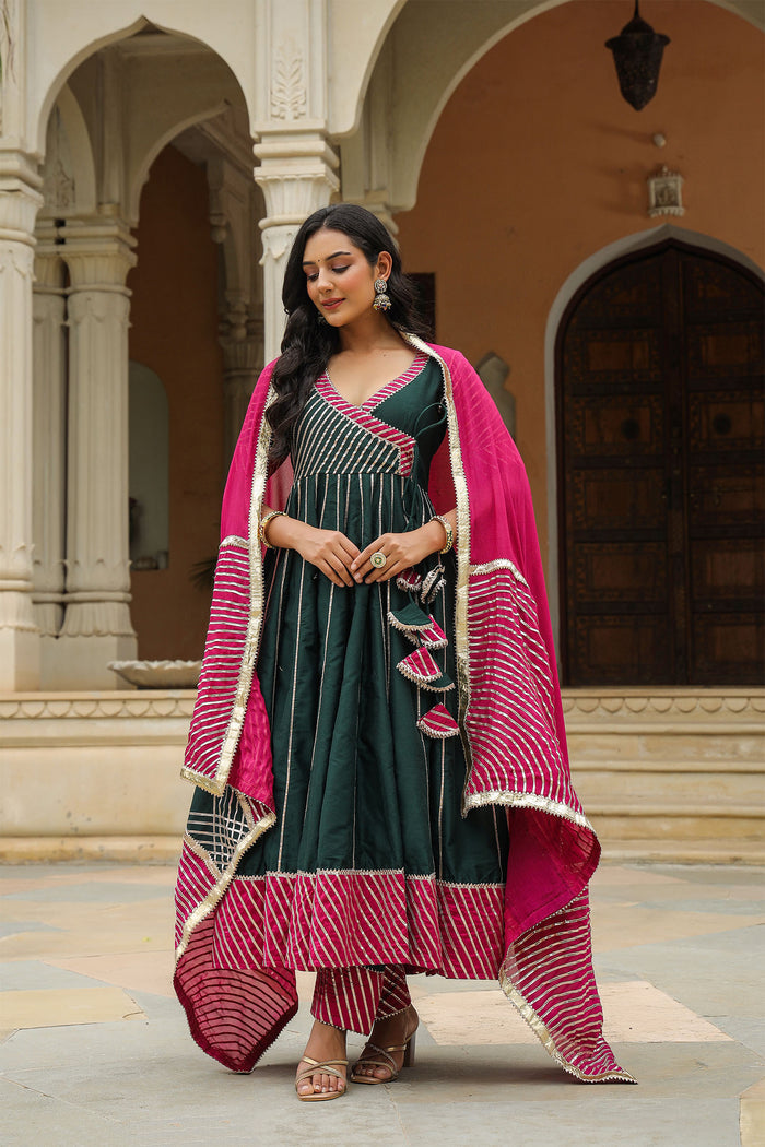 <img> Dark Green Cotton Silk Gotta Work Anarkali Set