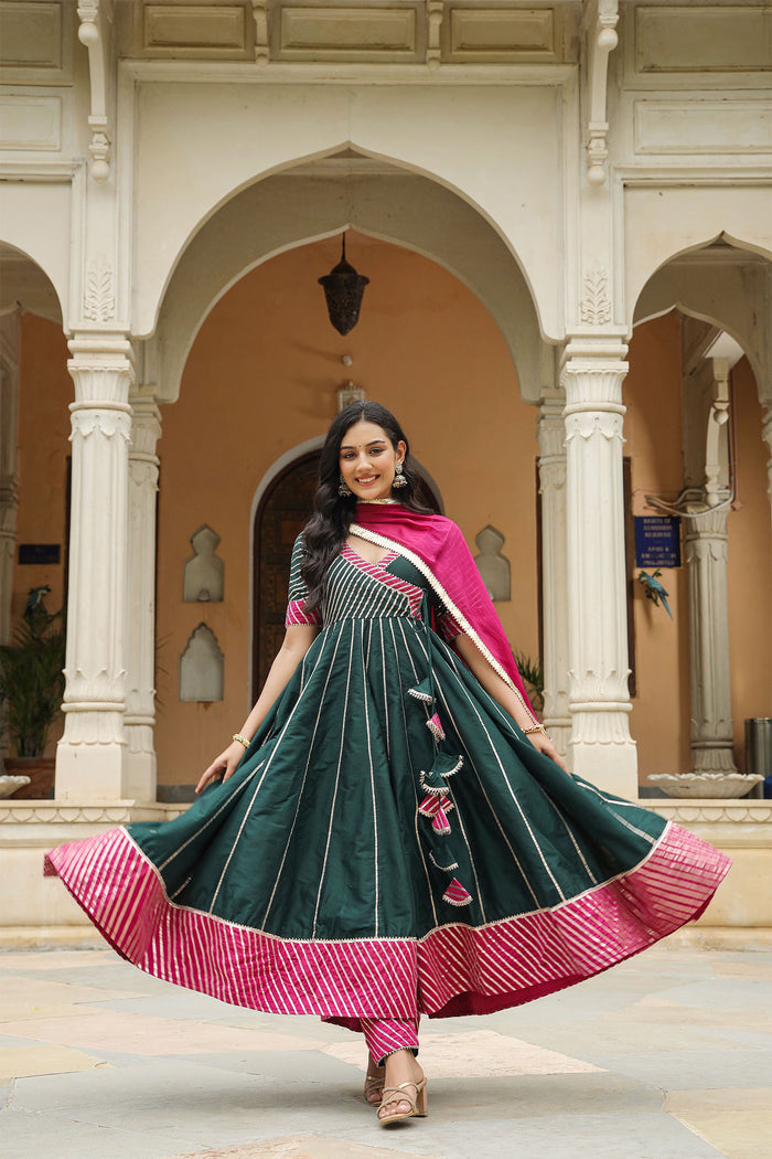 <img> Dark Green Cotton Silk Gotta Work Anarkali Set