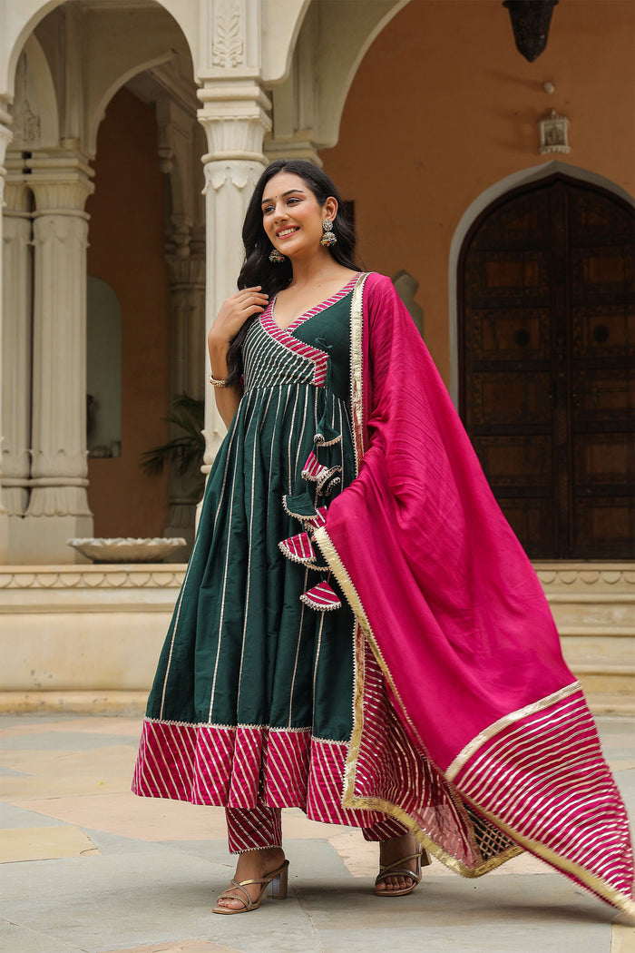 <img> Dark Green Cotton Silk Gotta Work Anarkali Set