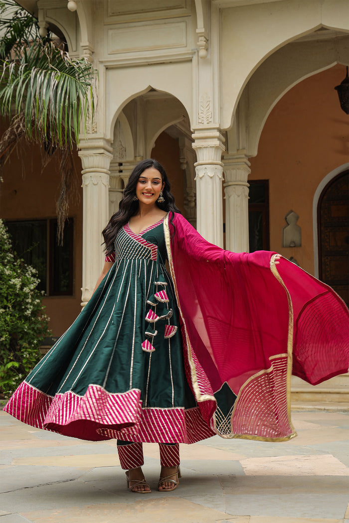 <img> Dark Green Cotton Silk Gotta Work Anarkali Set