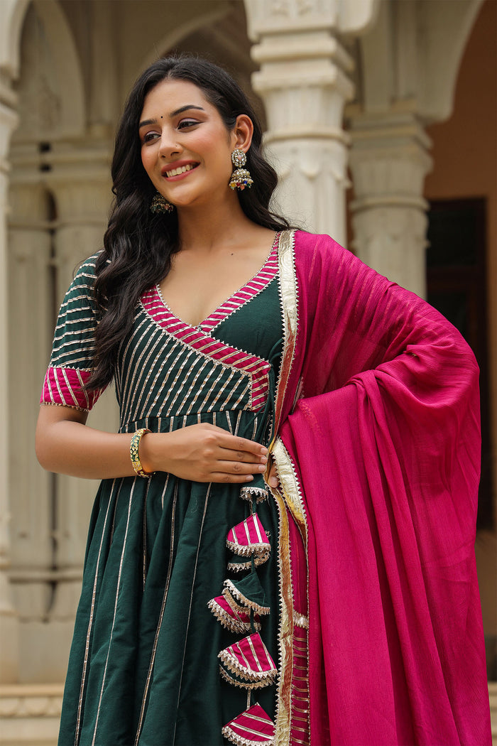 <img> Dark Green Cotton Silk Gotta Work Anarkali Set