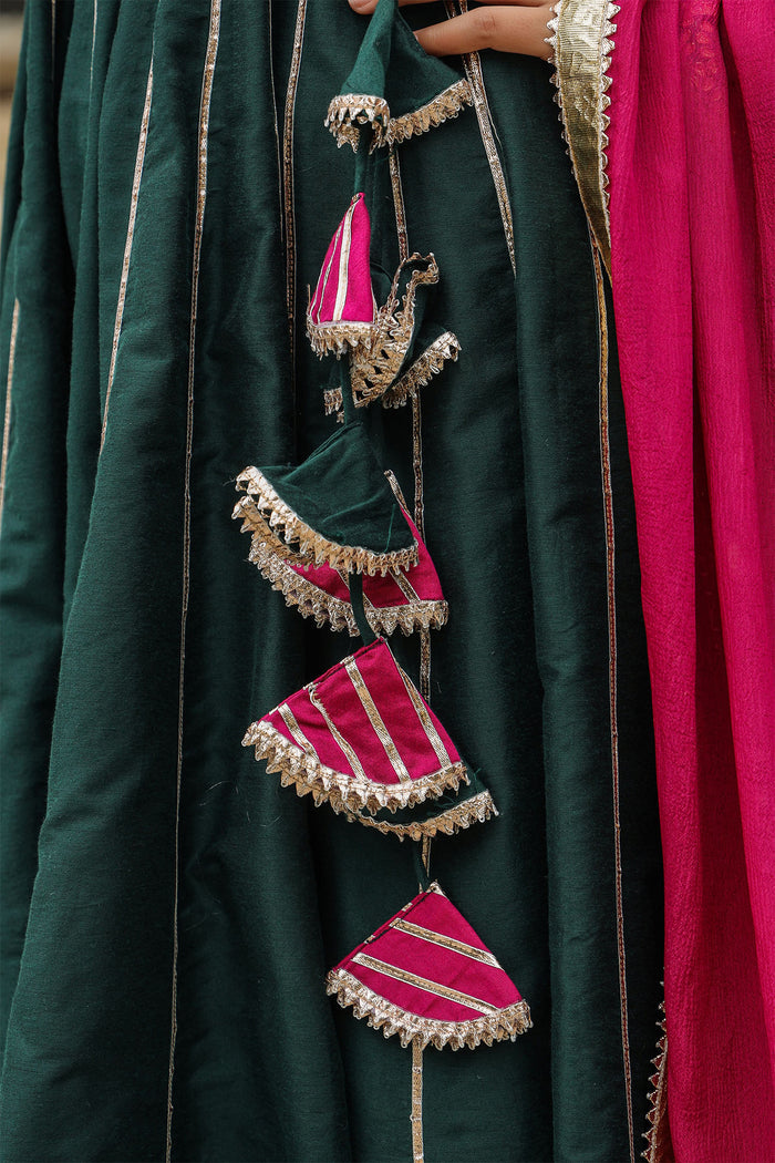 <img> Dark Green Cotton Silk Gotta Work Anarkali Set