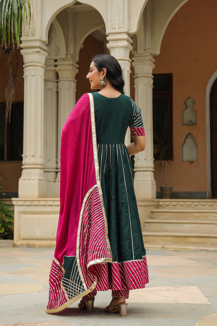 <img> Dark Green Cotton Silk Gotta Work Anarkali Set