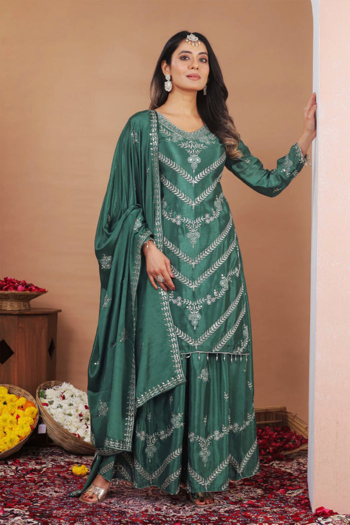 Dark Green Floral Embroidered Silk Sharara Set