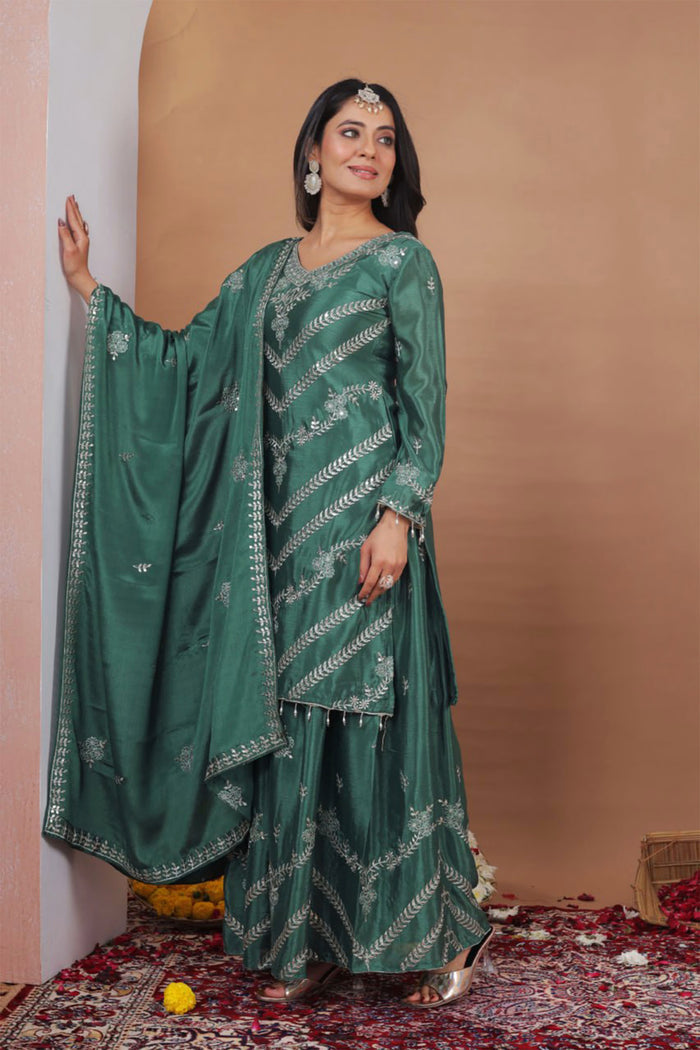 Dark Green Floral Embroidered Silk Sharara Set
