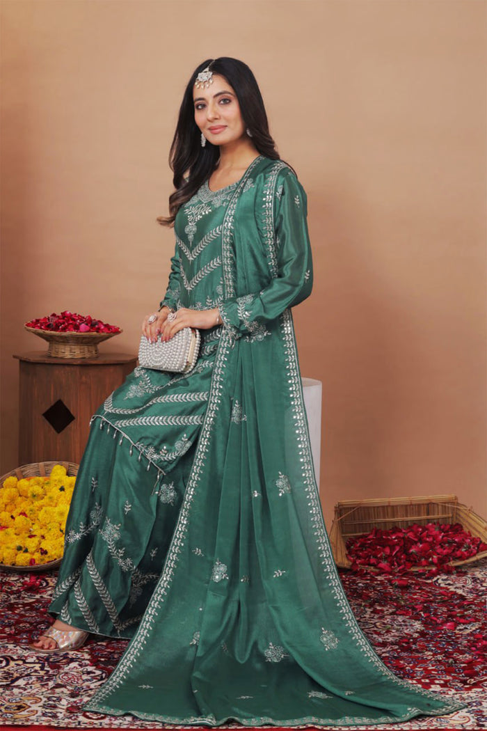 Dark Green Floral Embroidered Silk Sharara Set