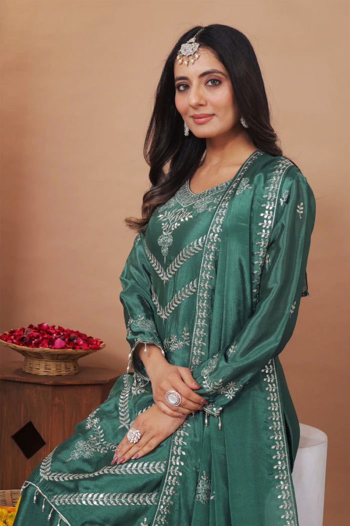 Dark Green Floral Embroidered Silk Sharara Set