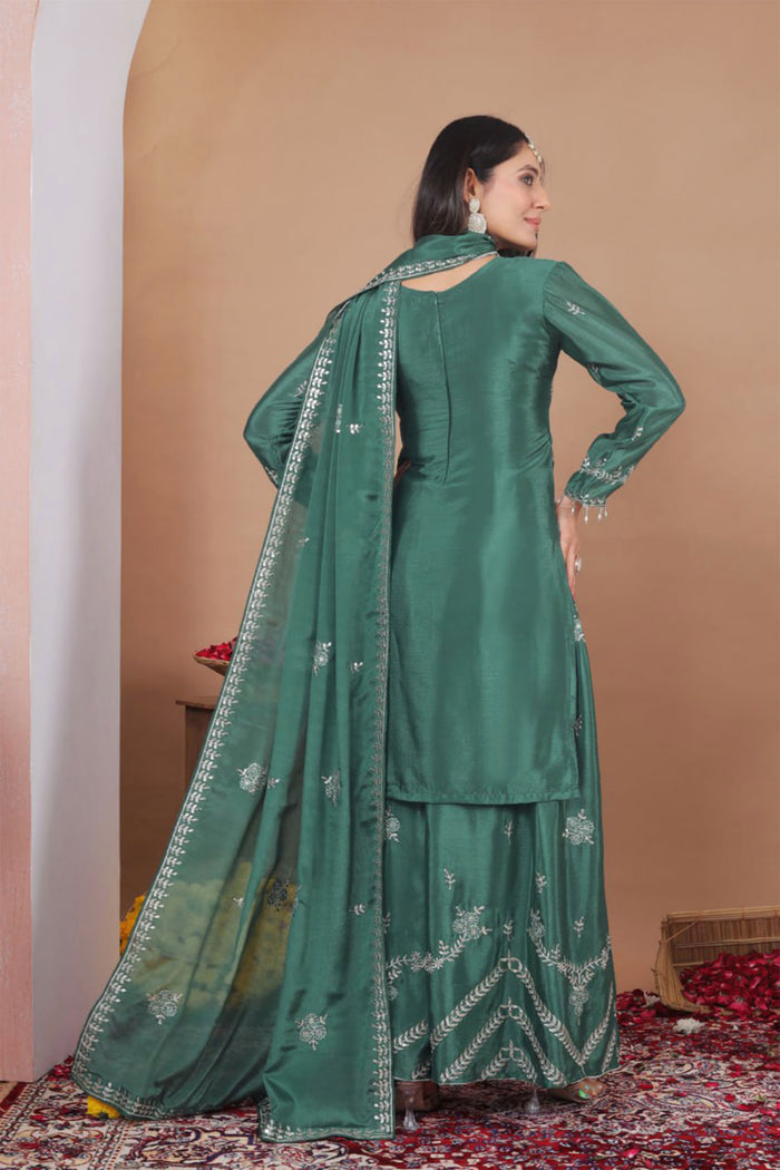 Dark Green Floral Embroidered Silk Sharara Set