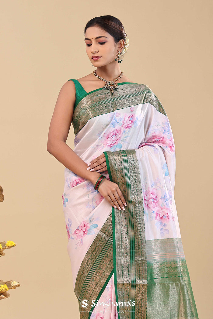 Dark Green Kanjivaram Saree With Floral Digital Prints