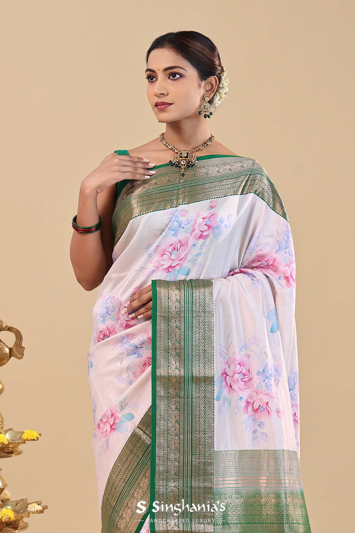 Dark Green Kanjivaram Saree With Floral Digital Prints
