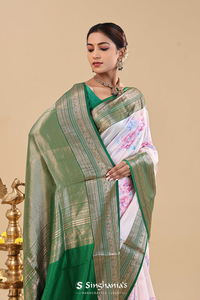 Dark Green Kanjivaram Saree With Floral Digital Prints