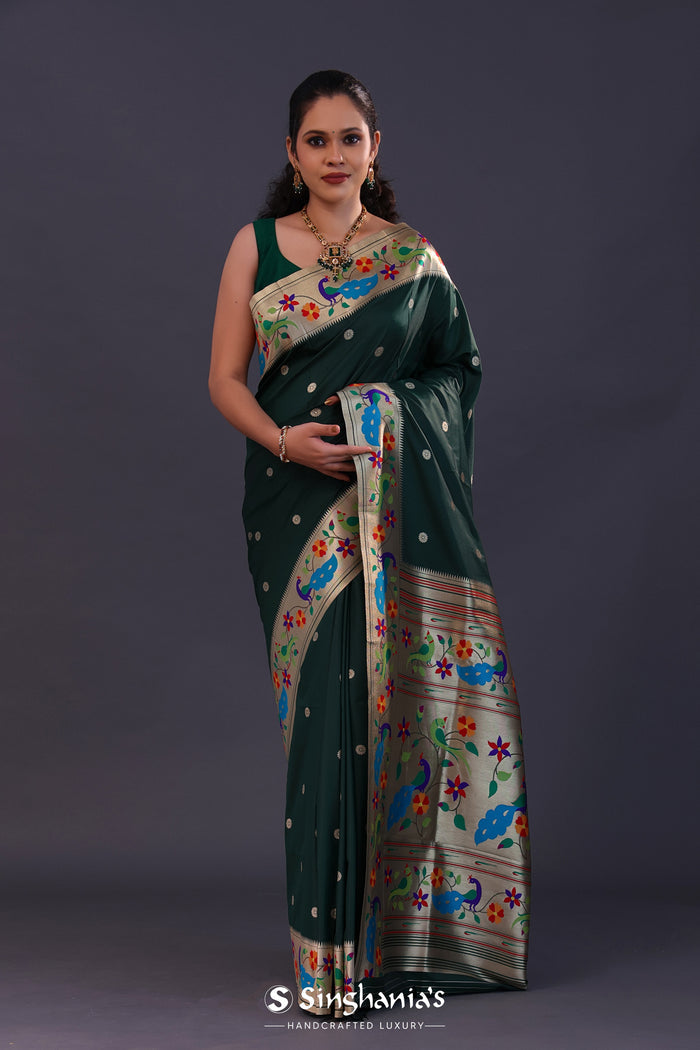 Dark Green Paithani Saree With Floral Butti'S