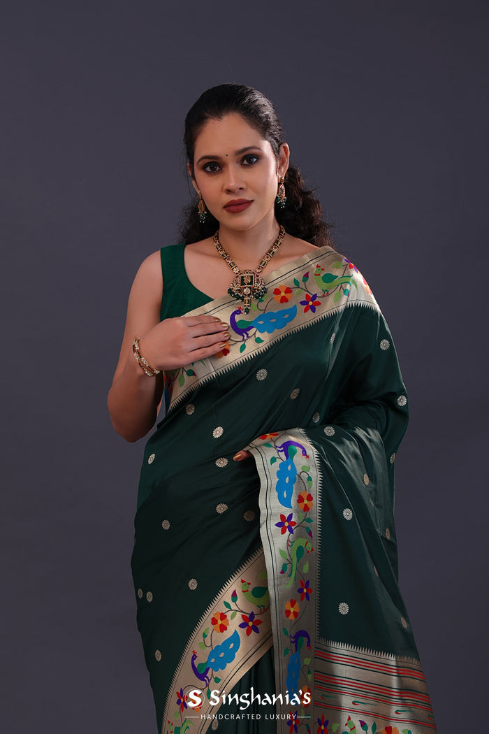 Dark Green Paithani Saree With Floral Butti'S