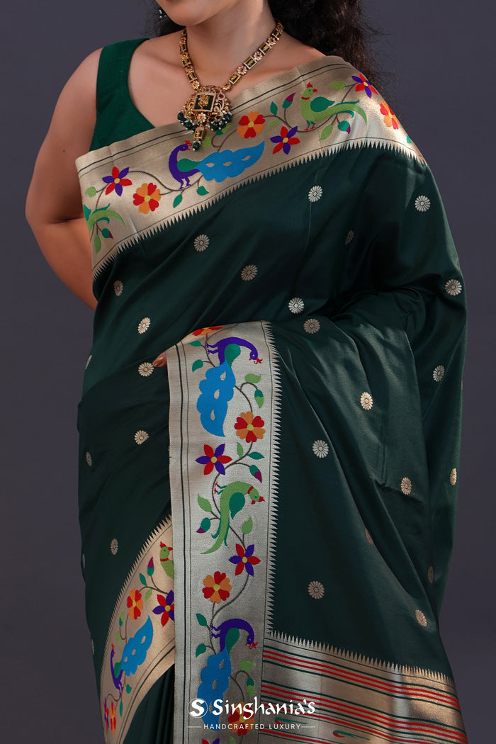 Dark Green Paithani Saree With Floral Butti'S