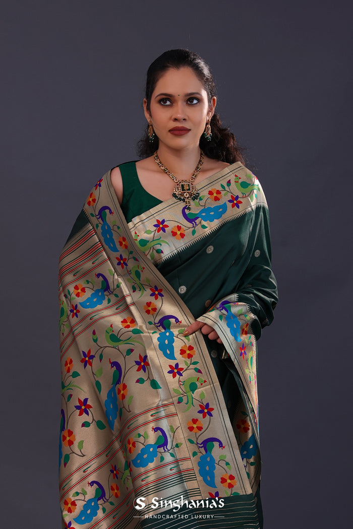 Dark Green Paithani Saree With Floral Butti'S