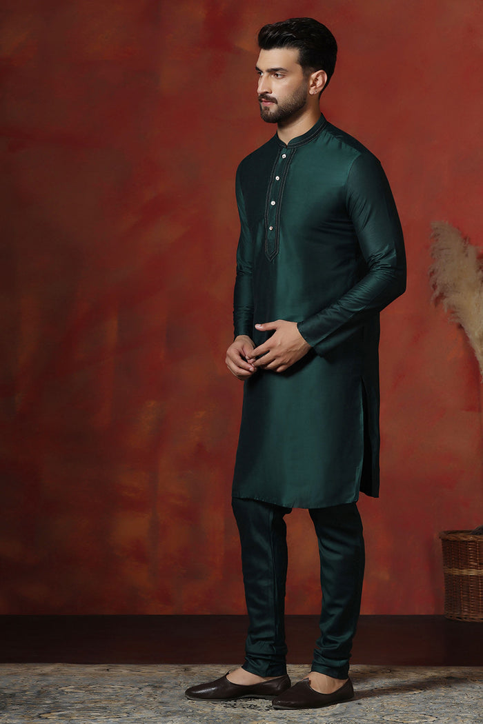 Dark Green Solid Dupion Kurta Set