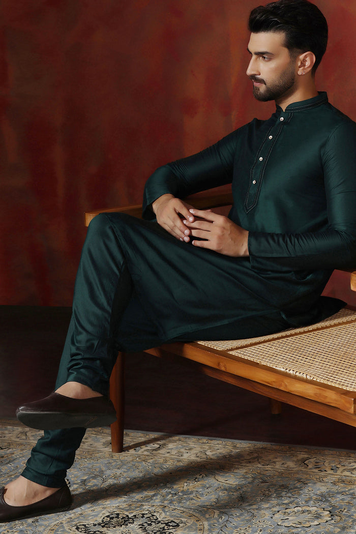 Dark Green Solid Dupion Kurta Set