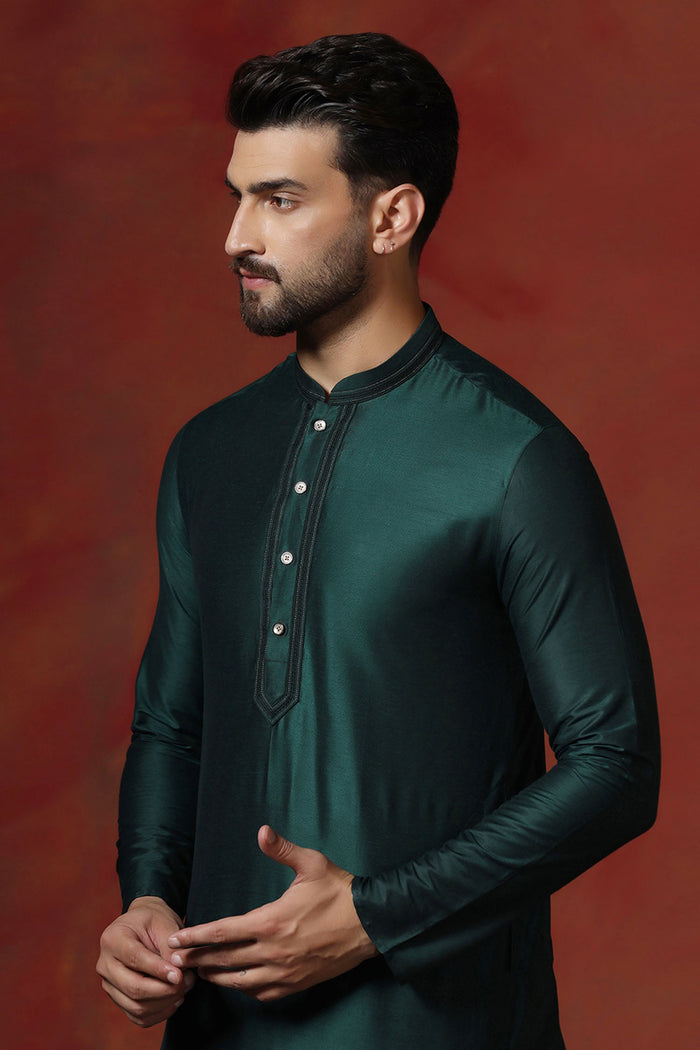 Dark Green Solid Dupion Kurta Set