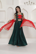 <img> Dark Green Tafta Silk Lehnga Top And Dupatta Set