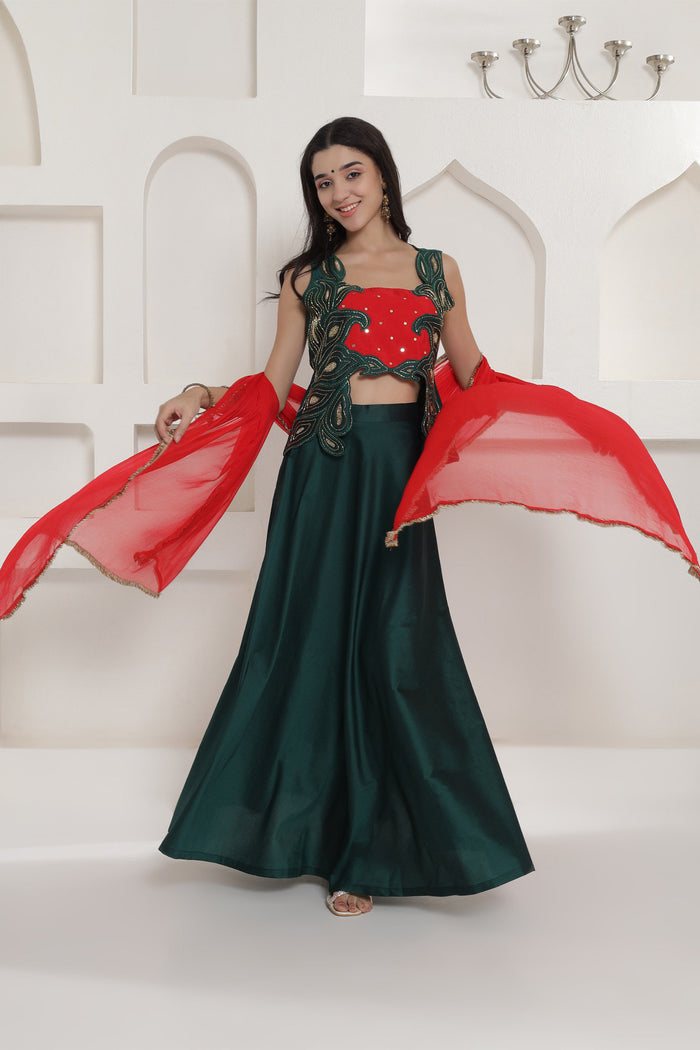 <img> Dark Green Tafta Silk Lehnga Top And Dupatta Set