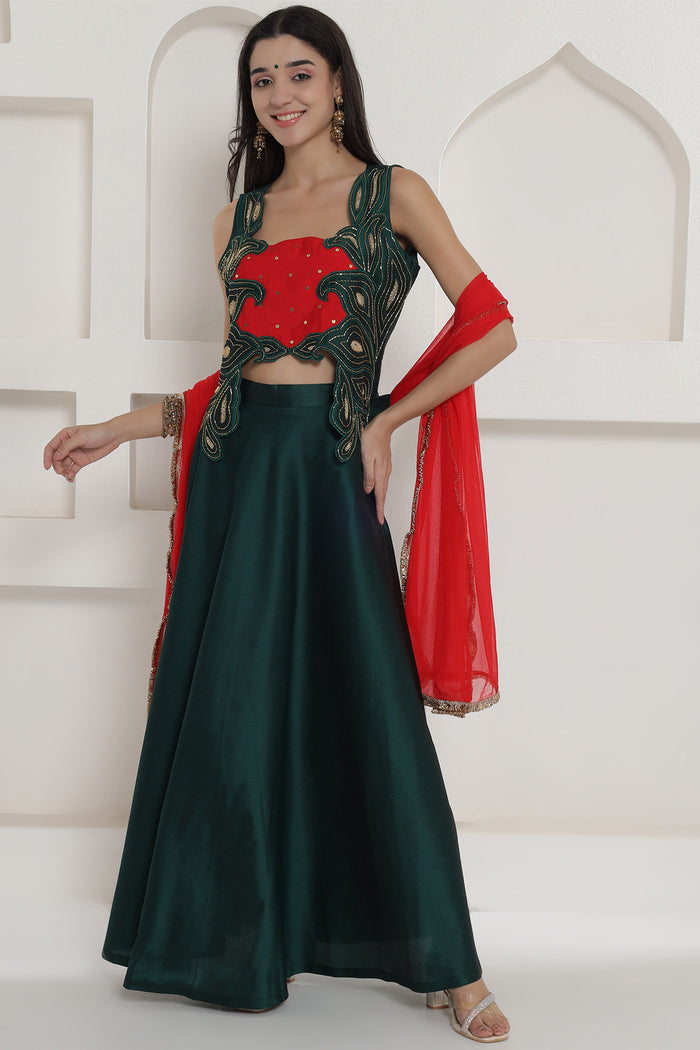 <img> Dark Green Tafta Silk Lehnga Top And Dupatta Set