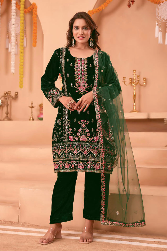 Dark Green Velvet Floral Embroidered Kurta Set