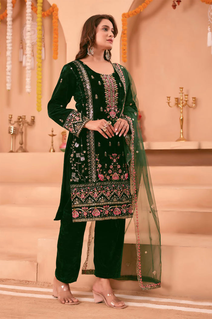Dark Green Velvet Floral Embroidered Kurta Set