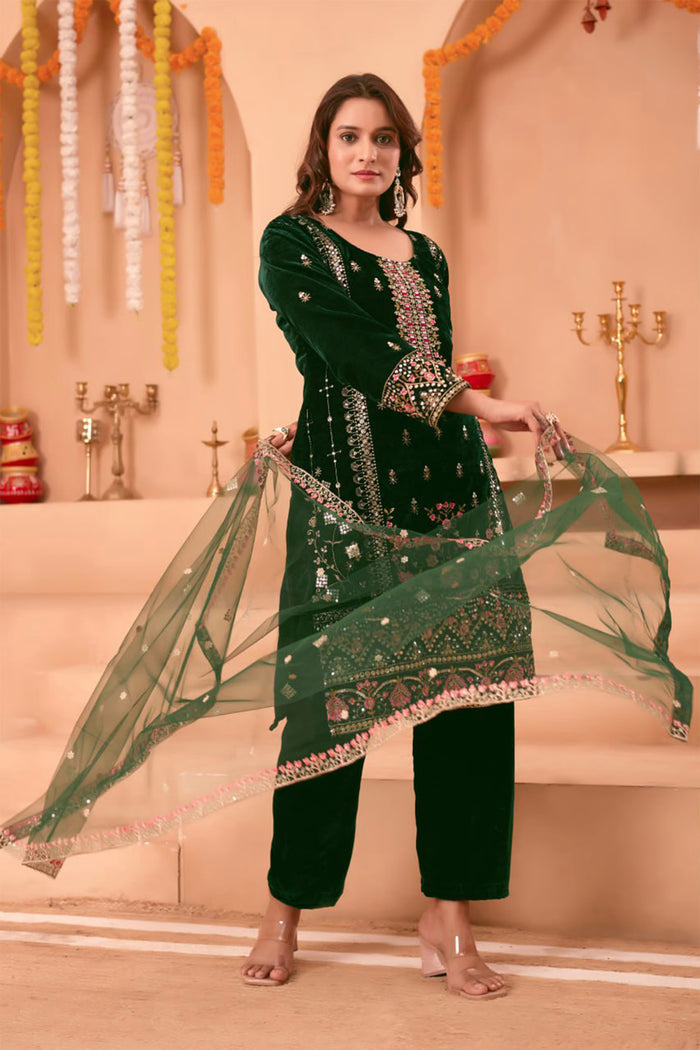 Dark Green Velvet Floral Embroidered Kurta Set