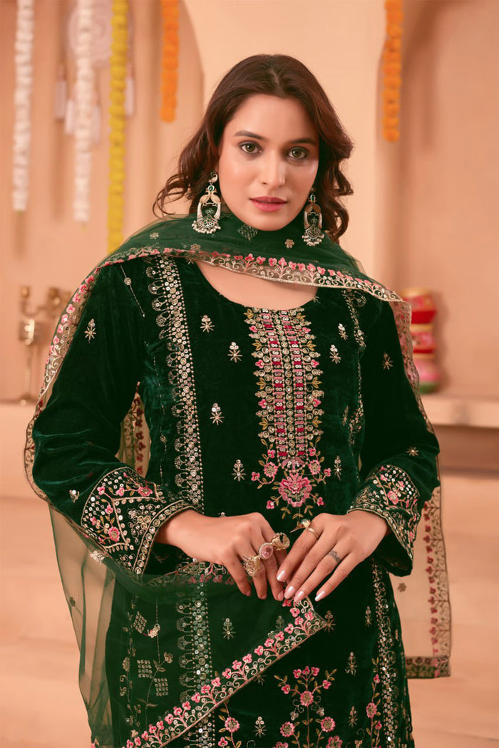 Dark Green Velvet Floral Embroidered Kurta Set