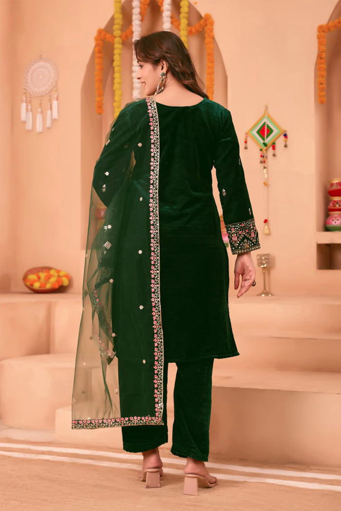 Dark Green Velvet Floral Embroidered Kurta Set