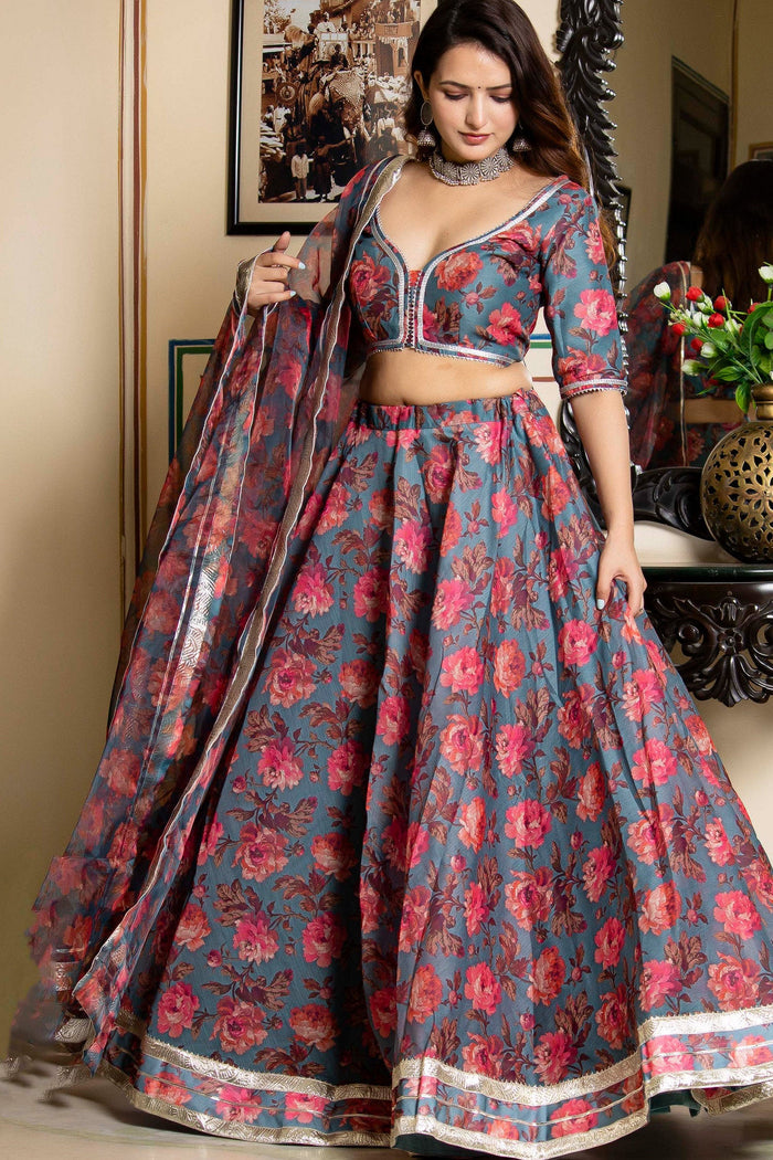 <img> Dark Grey Chanderi Lehenga Set With Floral Printed