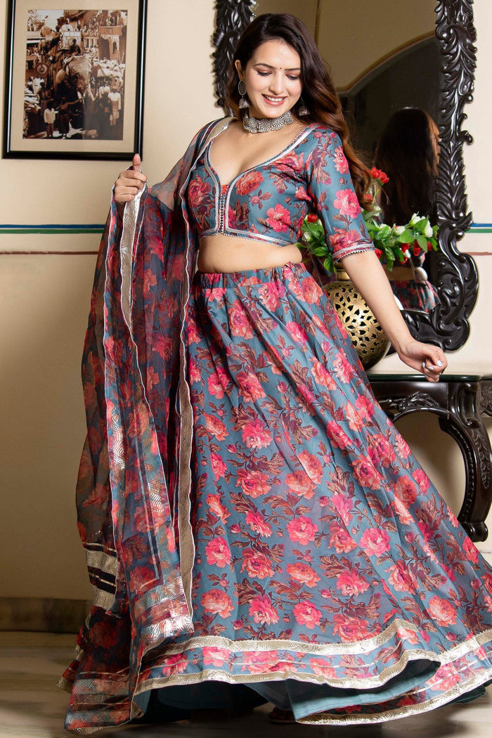 <img> Dark Grey Chanderi Lehenga Set With Floral Printed