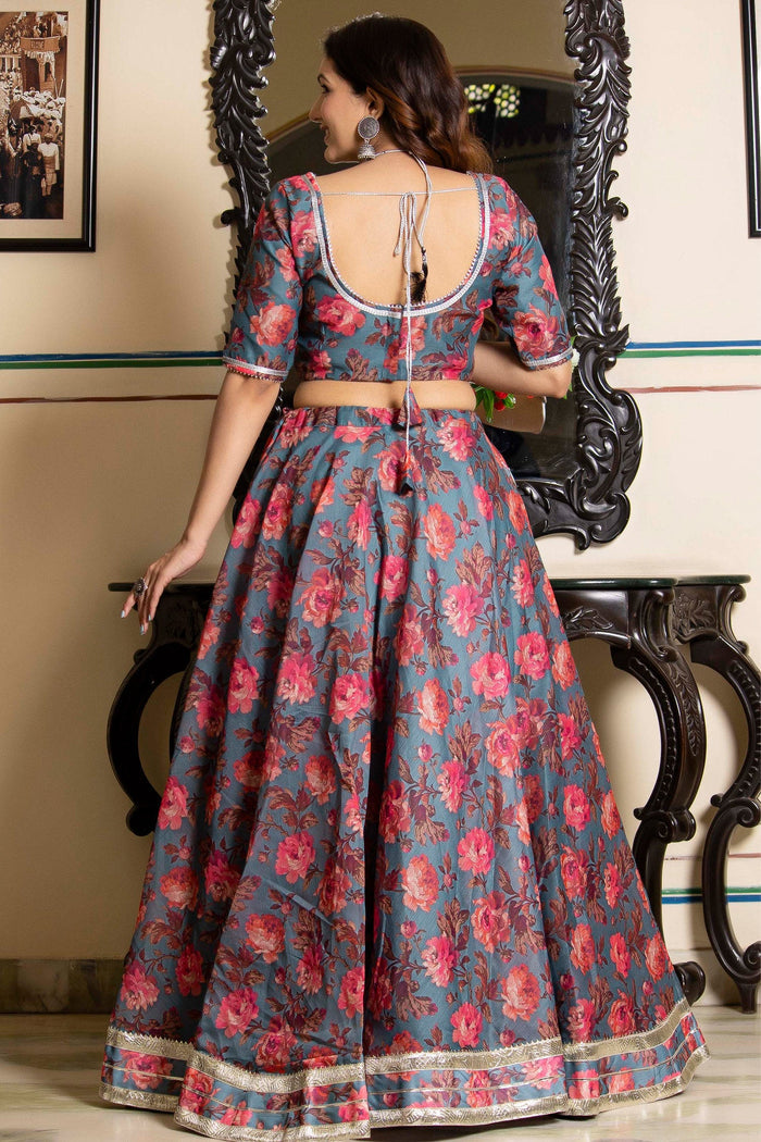 <img> Dark Grey Chanderi Lehenga Set With Floral Printed