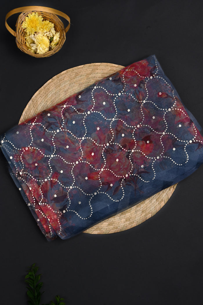 Dark Grey Printed Organza Saree