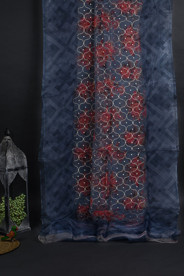 Dark Grey Printed Organza Saree