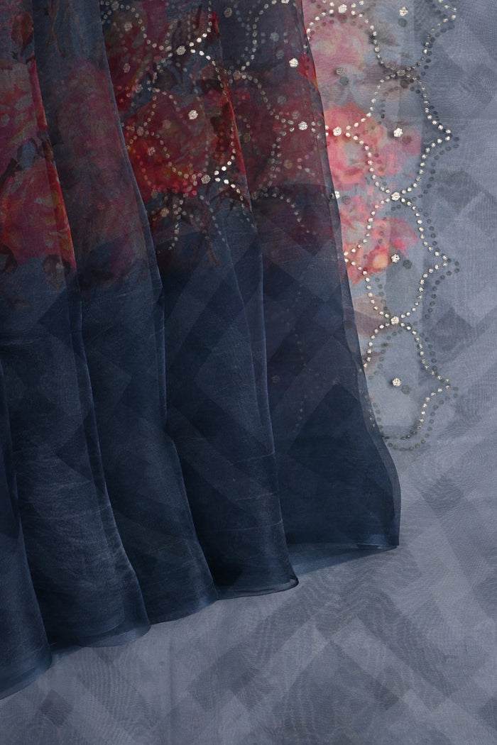 Dark Grey Printed Organza Saree